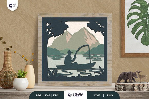 Man Fishing 3D Shadow Box Papercut